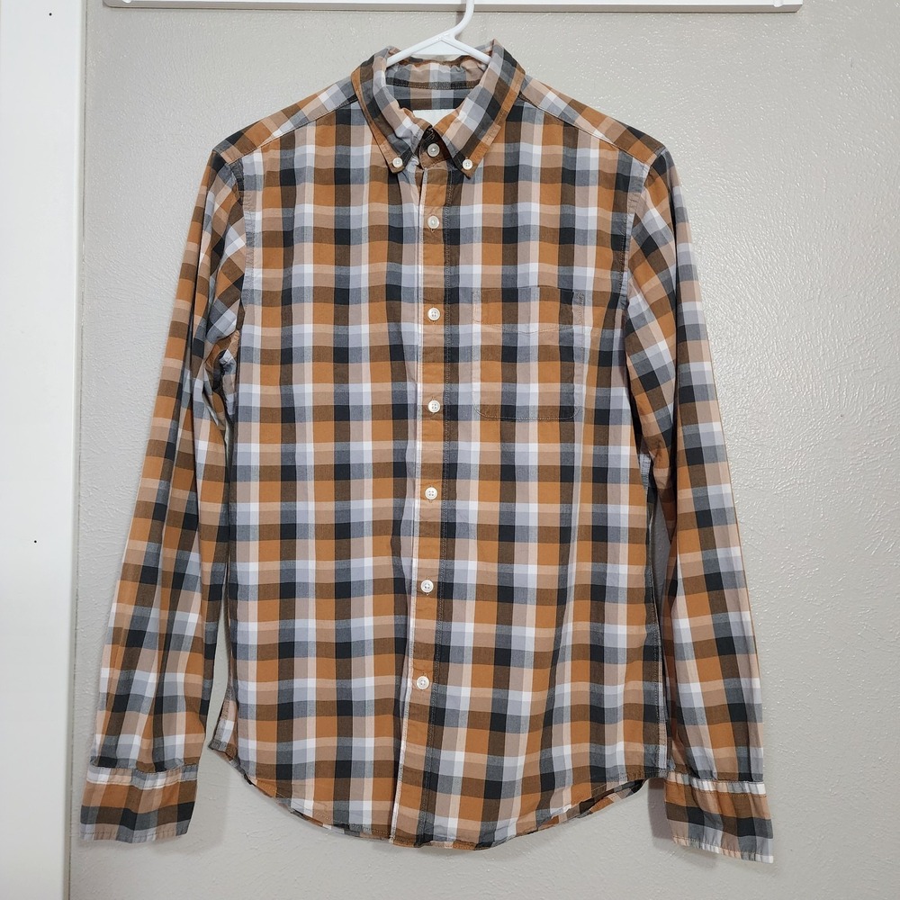 American Eagle Button Down Shirt Men's Size Small Plaid Brown White 100% Cotton